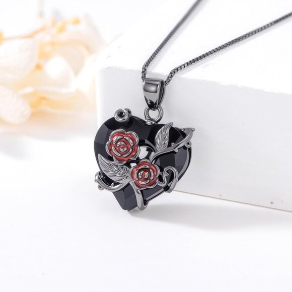 Gothic Black Rose Necklace for Women Men Sterling Silver with Crystals - Picture 2 of 7